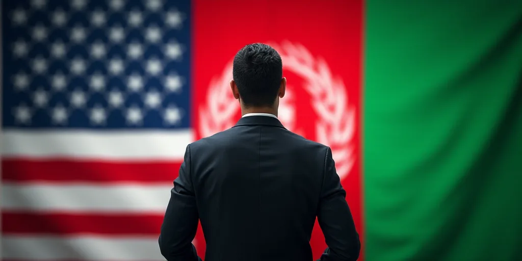 a man standing in front of a flag and a flag of the united states of america and the afghan american