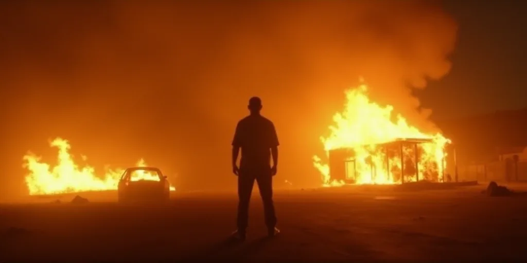 a man standing in front of a fire with a lot of flames coming out of it and a building on fire, Elbr