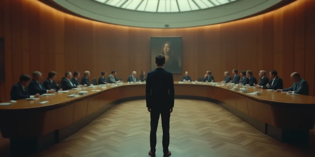 a man standing in front of a large circular table in a room with people sitting at tables and talkin