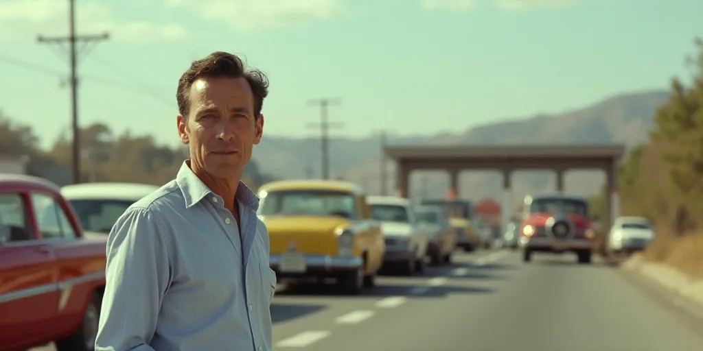 a man standing in front of a line of cars on a road with a toll booth in the background, Elbridge Ay