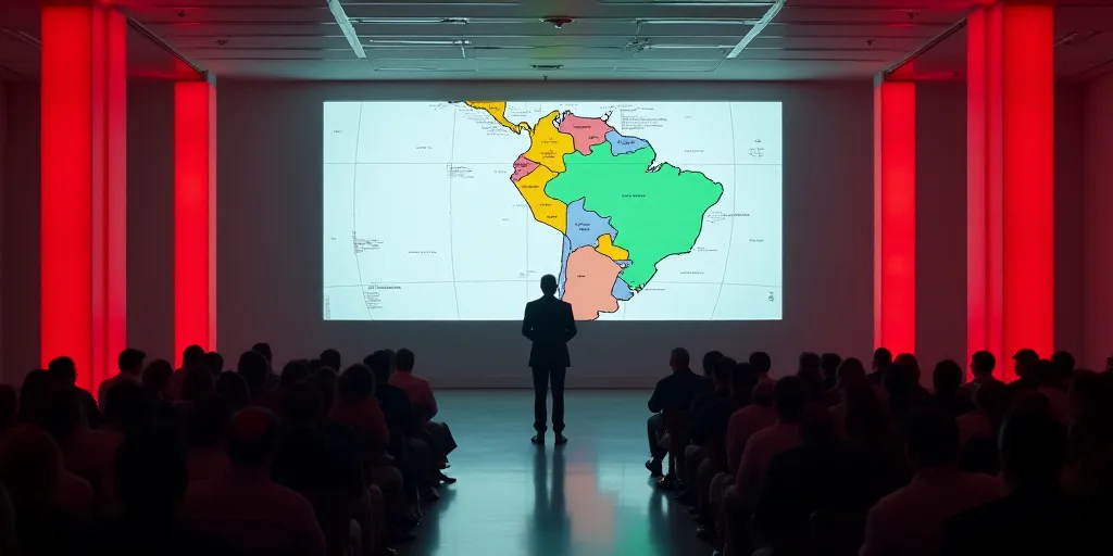 a man standing in front of a map giving a speech to people in a room with red columns and a large sc