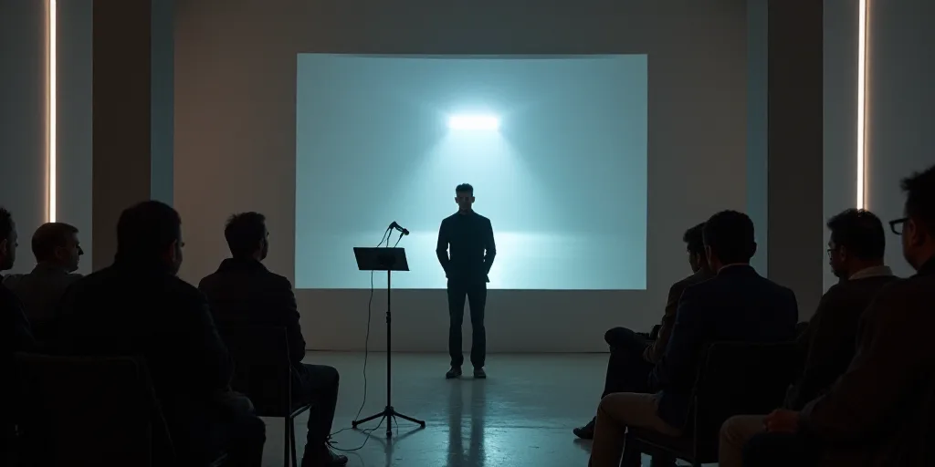 a man standing in front of a microphone in a room with other people watching him and a man holding a