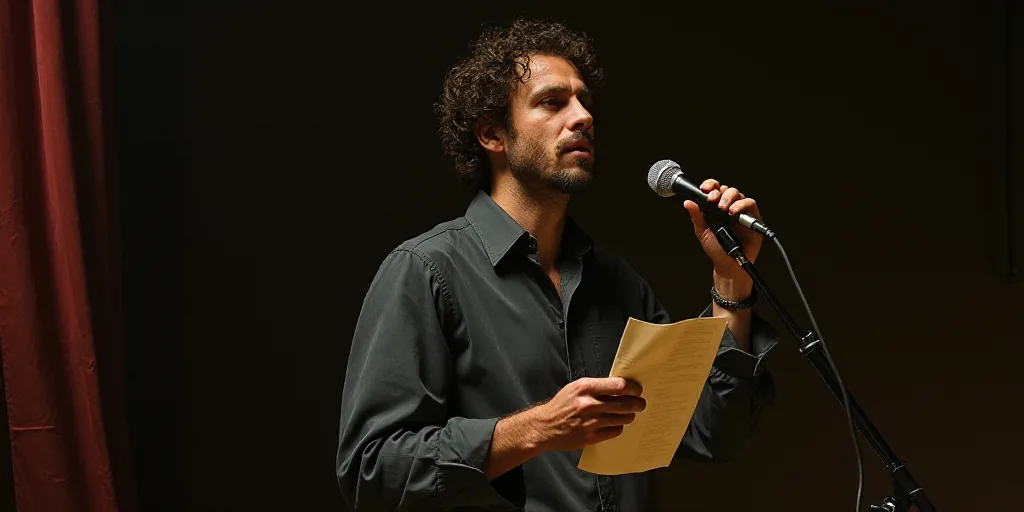 a man standing in front of a microphone holding a paper in his hand and a microphone in his other ha