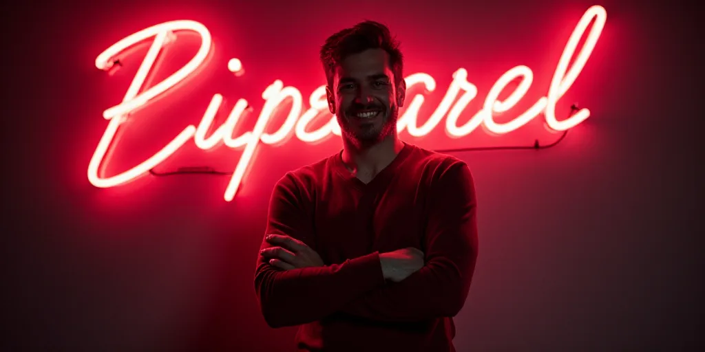 a man standing in front of a neon sign with his arms crossed and smiling at the camera with his arms