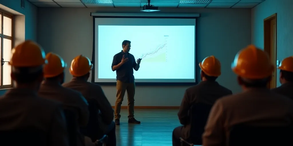 a man standing in front of a projector screen giving a presentation to a group of people in construc