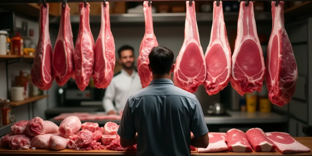 a man standing in front of a rack of meat on display at a butcher shop with a man in the background,