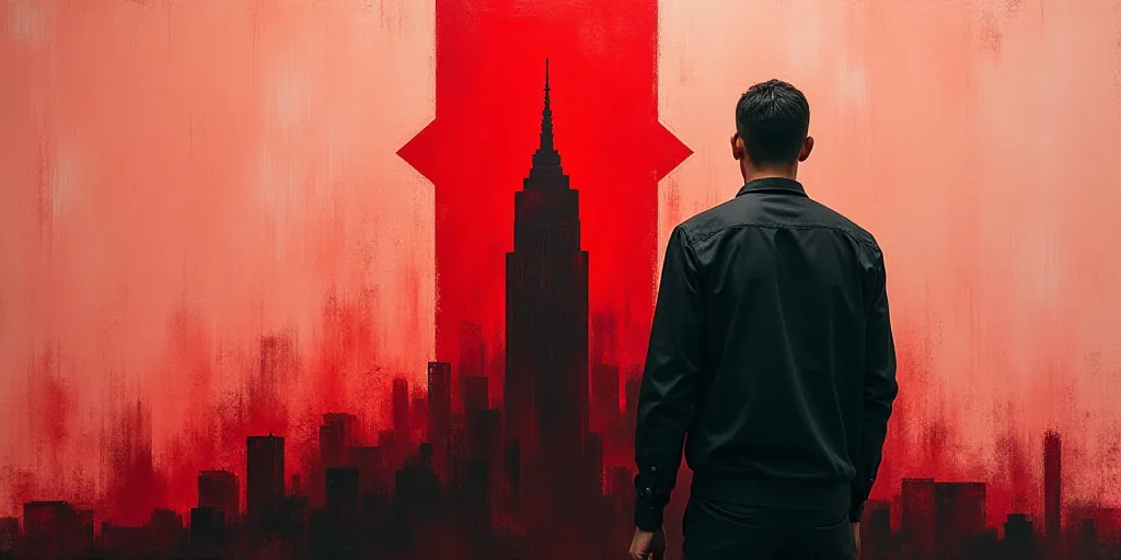 a man standing in front of a red and black graphic of a building and a red arrow pointing upward, An