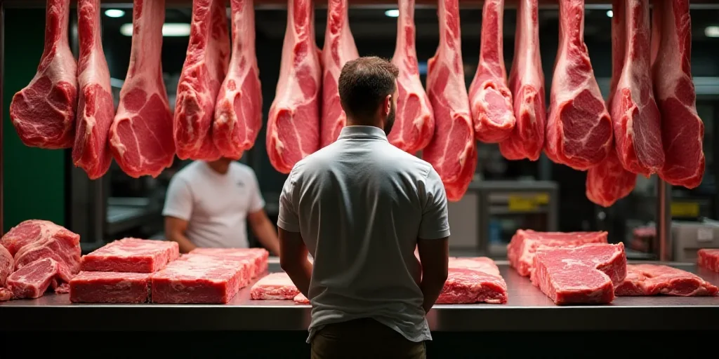 a man standing in front of a rack of meat on display at a butcher shop with a man in the background,