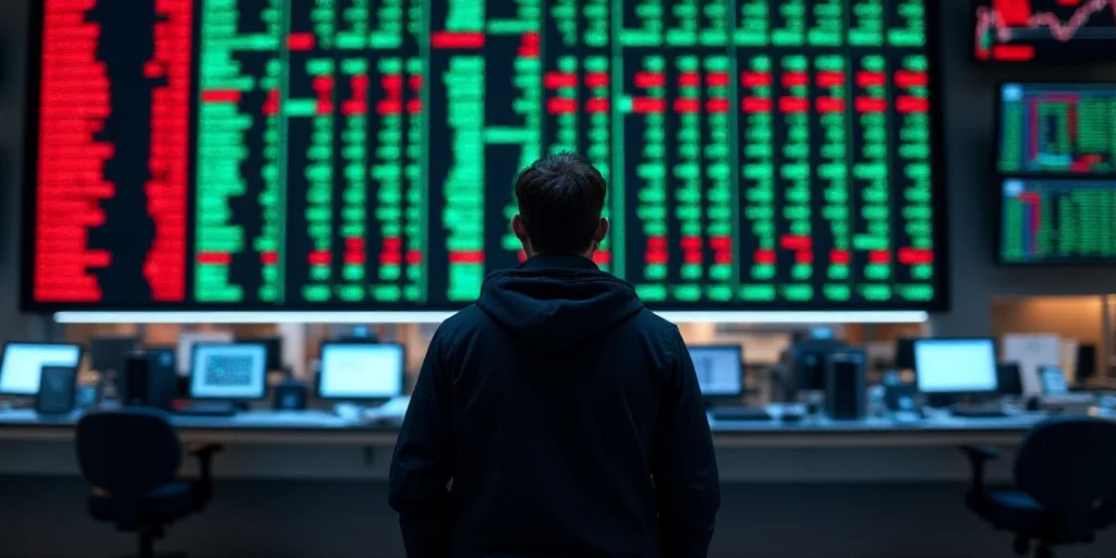 a man standing in front of a stock exchange booth with a large display of stock prices on the wall,