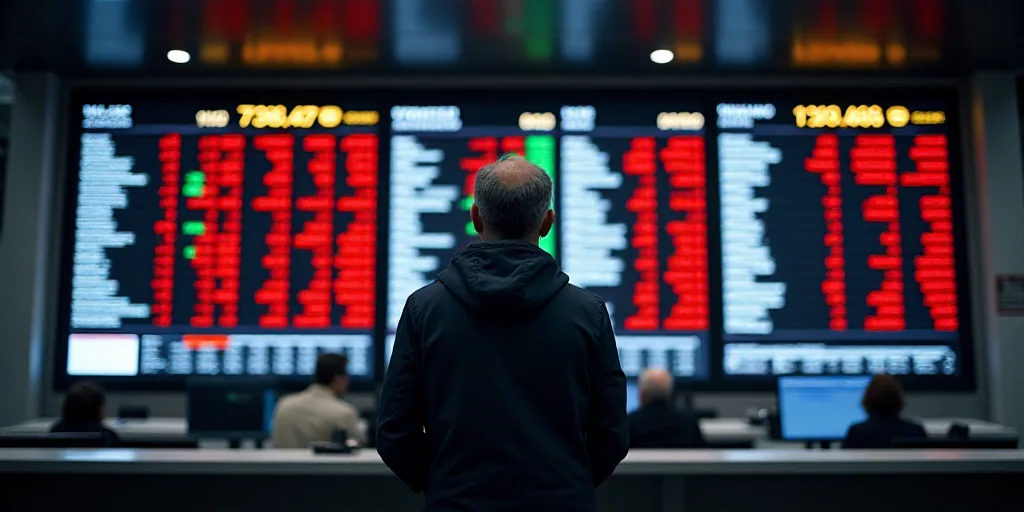 a man standing in front of a stock exchange booth with a large display of stock prices on the wall,