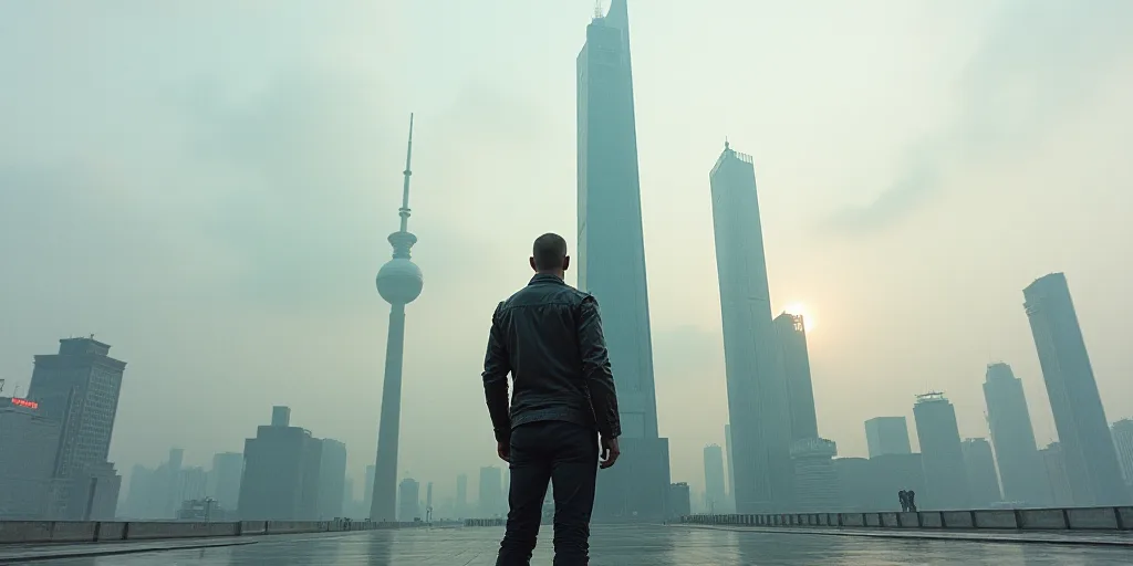 a man standing in front of a tall building in a city with a tall tower in the background and a city