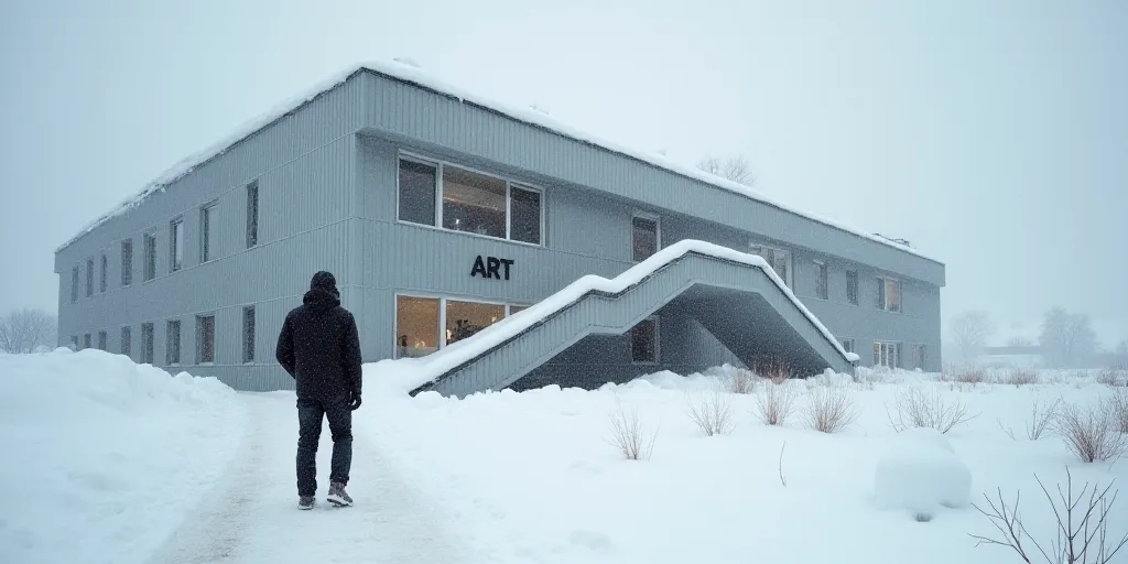 a man standing in the snow next to a building with a staircase and a sign on it that says art tsk ka