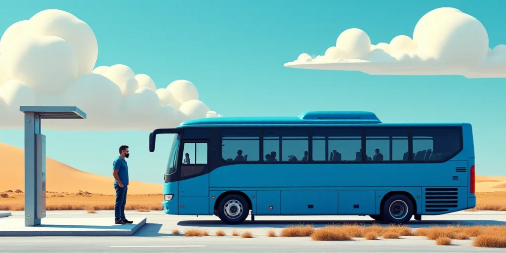 a man standing next to a blue bus at a bus stop with a man standing next to it and a bus, Ceferí Ol