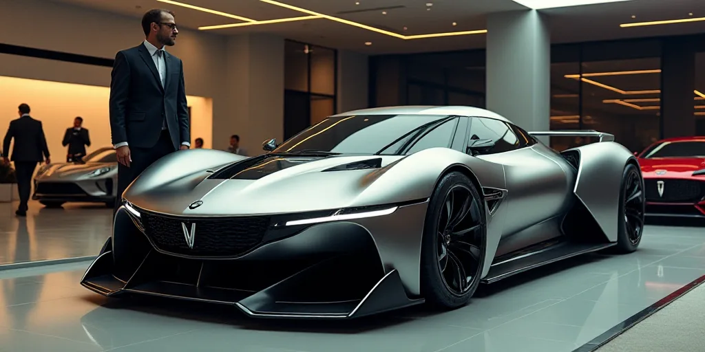 a man standing next to a car on display at a showroom and another man standing next to a car, Cornel