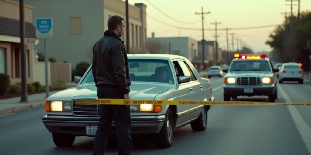 a man standing next to a car with a police tape on it's side and a police car behind him, Elbridge A