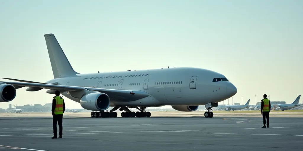 a man standing next to a large white airplane on a runway with other planes in the background and a
