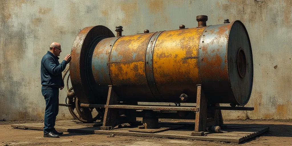 a man standing next to a machine with a piece of metal on it's side and another man standing next to