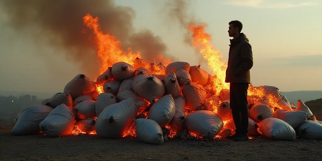 a man standing next to a pile of bags of garbage on fire and smoke in the background, with a pile of