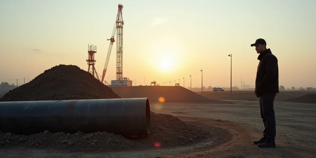 a man standing next to a pipe on top of a dirt field next to a pile of dirt and a crane, Constant Pe