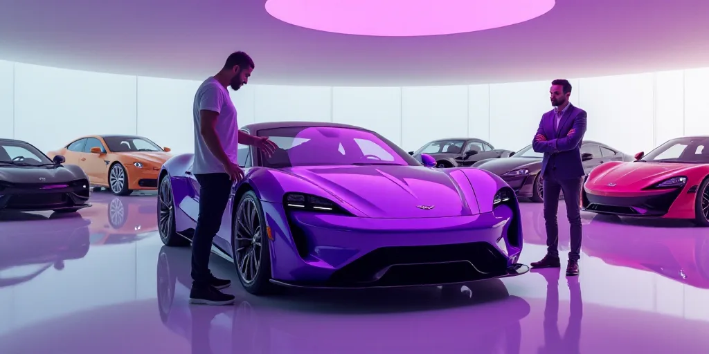 a man standing next to a purple car in a showroom with other cars in the background and a woman stan