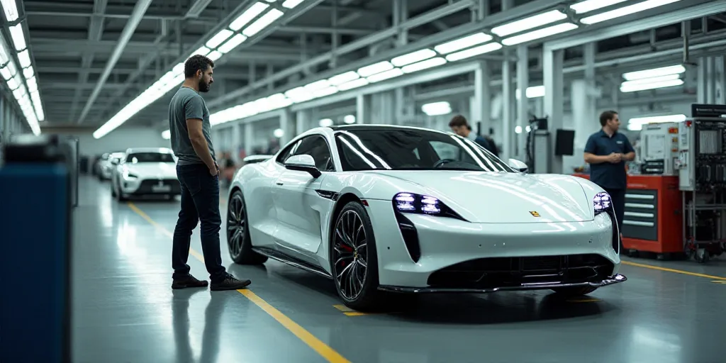 a man standing next to a white car on a assembly line with a man looking at it and a woman standing
