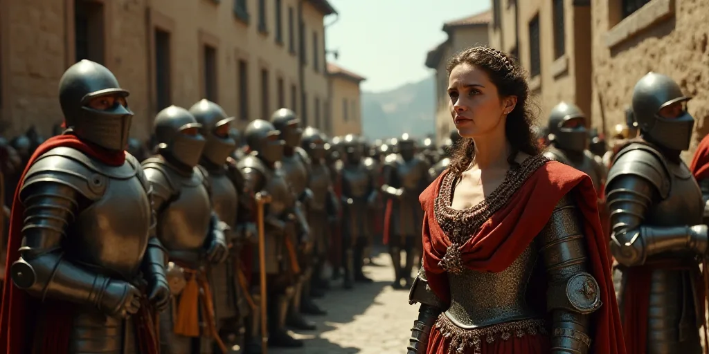 a man standing next to a woman in front of a group of people in armor and armors on a city street, A