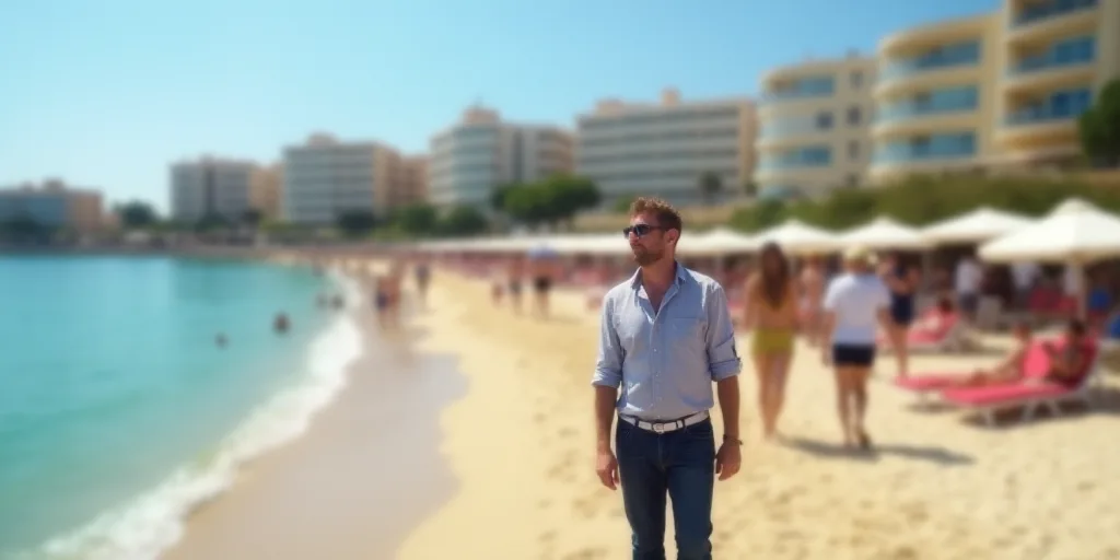 a man standing on a beach next to a crowd of people under umbrellas and chairs with buildings in the
