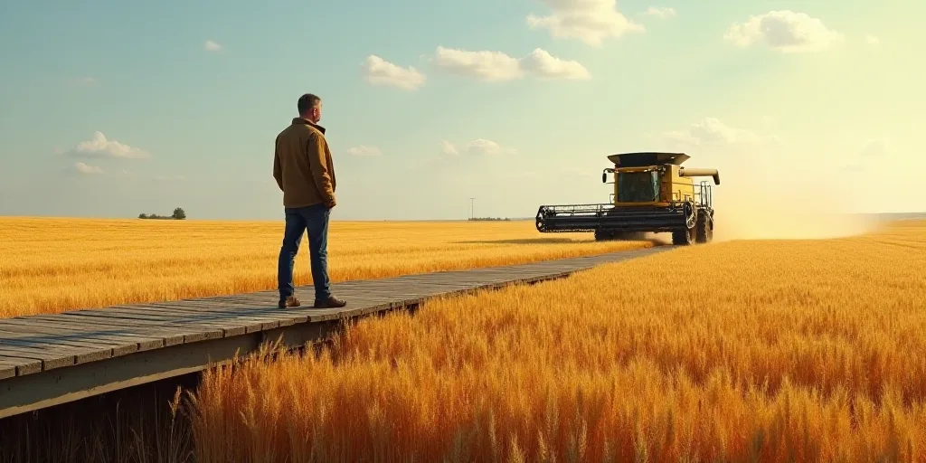 a man standing on a bridge over a field of grain next to a tractor and a combine truck in the distan
