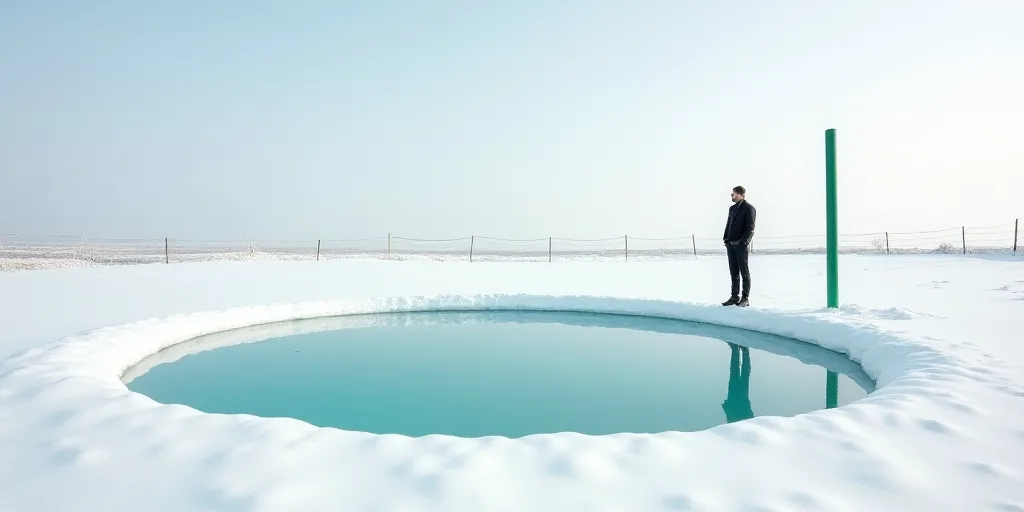 a man standing on a snow covered field next to a pool of water with a fence around it and a green po