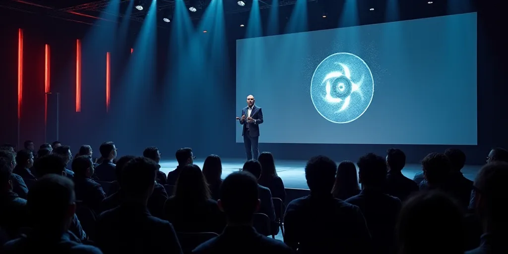 a man standing on a stage giving a speech to a group of people in front of a screen with a logo, Edi