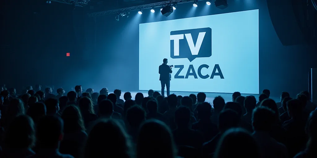 a man standing on a stage in front of a crowd of people with a tvzaca logo on the wall, Diego Veláz