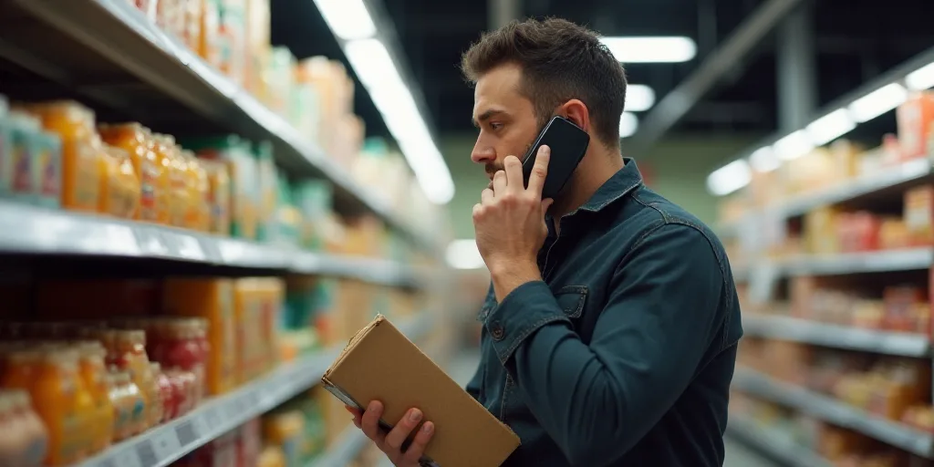 a man talking on a phone while holding a box of food in a store aisle with a grocery aisle in the ba