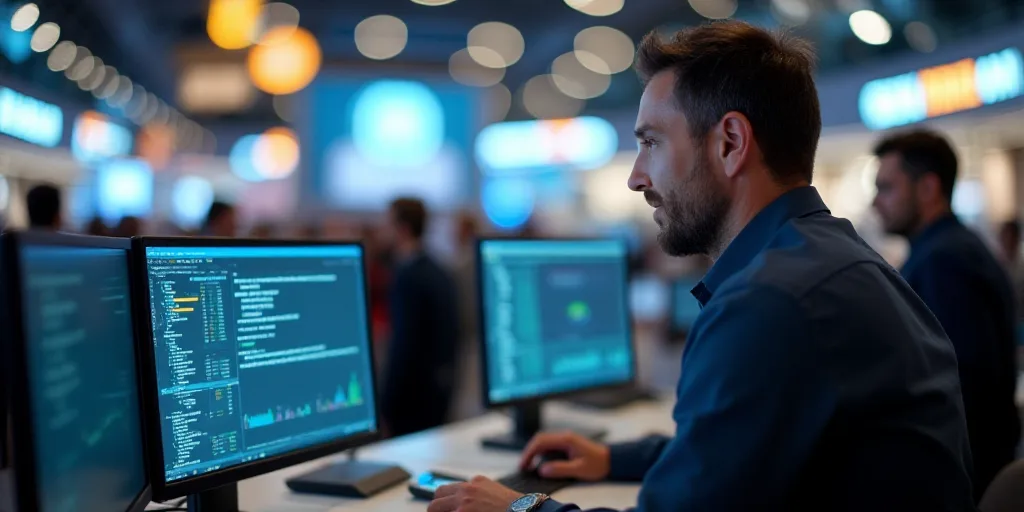 a man talking to another man in front of a computer screen at a trade show in a mall or mall, Andrie