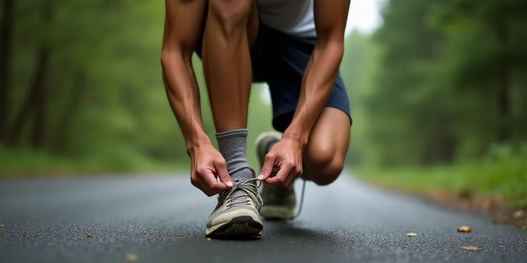 a man tying his shoelaces on a road in the woods, close up view of a runner tying his shoelaces, And