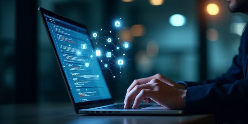 a man using a laptop computer with icons coming out of it and a person typing on the keyboard of the