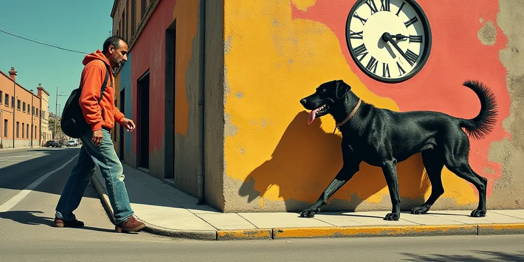 a man walking a dog down a street next to a tall building with a clock on it's side, David Alfaro Si