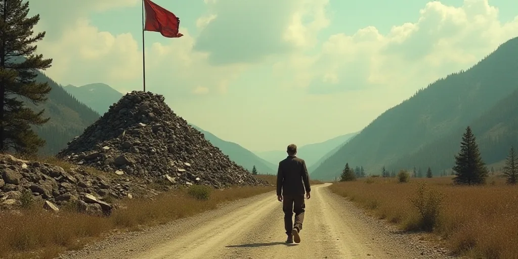 a man walking down a dirt road next to a pile of rubble and trees with a flag on top of it, Elbridge