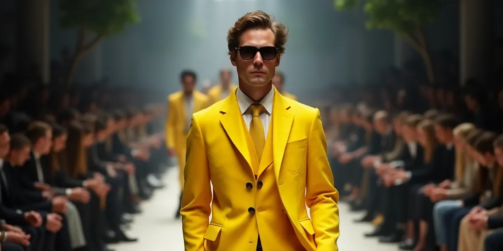 a man walking down a runway in front of a crowd of people wearing sunglasses and a yellow jacket and