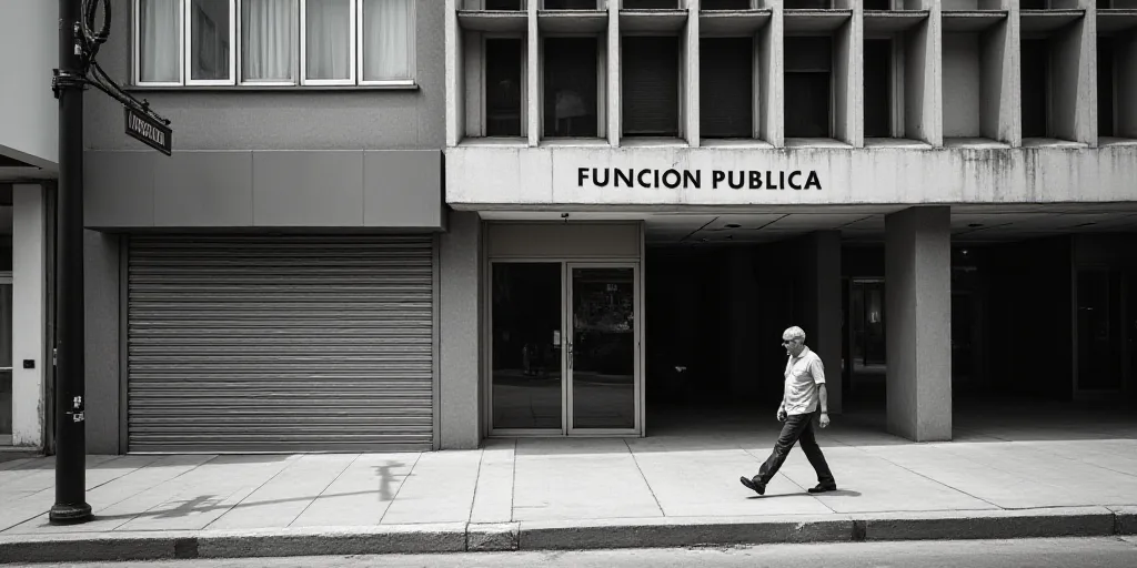 a man walking down a sidewalk past a tall building with a sign on it that says funcion publica, Fede