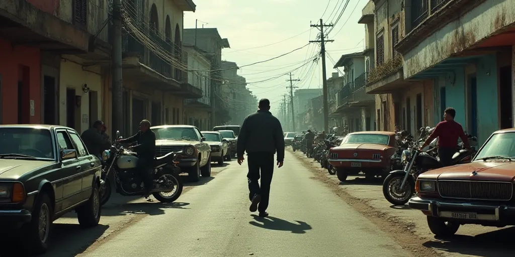 a man walking down a street next to a bunch of parked cars and motorcycles on a city street with peo