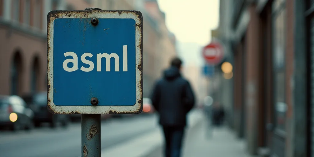 a man walking down a street past a metal sign that says asml on it's side and a blue asml logo on th