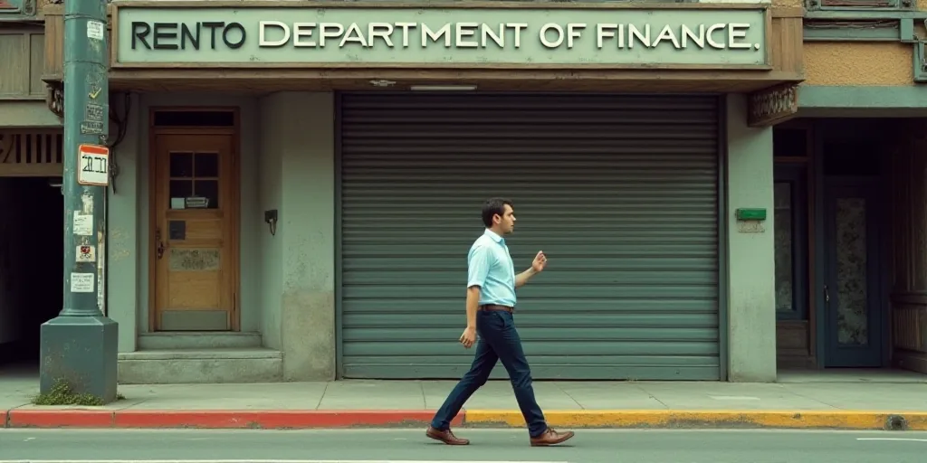 a man walking down a street past a building with a sign on it that says rento department of finance,
