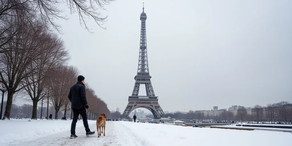 a man walking in front of the eiffel tower in the snow with a dog nearby on a snowy day, Charles Ang