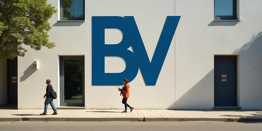 a man walking past a building with a large bv logo on it's side and a woman walking past it, Eva Gon