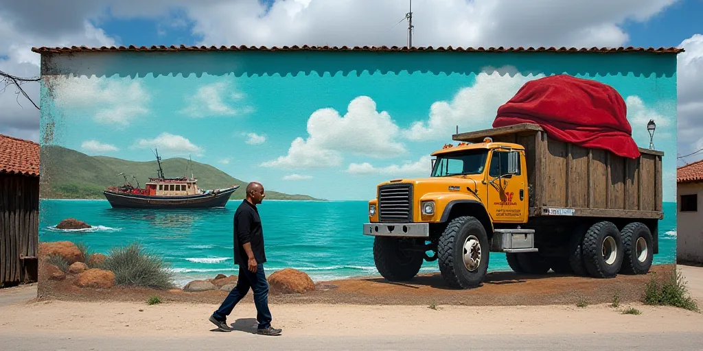 a man walking past a painting of a boat and a truck on a wall with a red hat on, Aquirax Uno, public