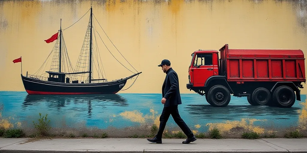 a man walking past a painting of a boat and a truck on a wall with a pdvsa logo, Banksy, public work