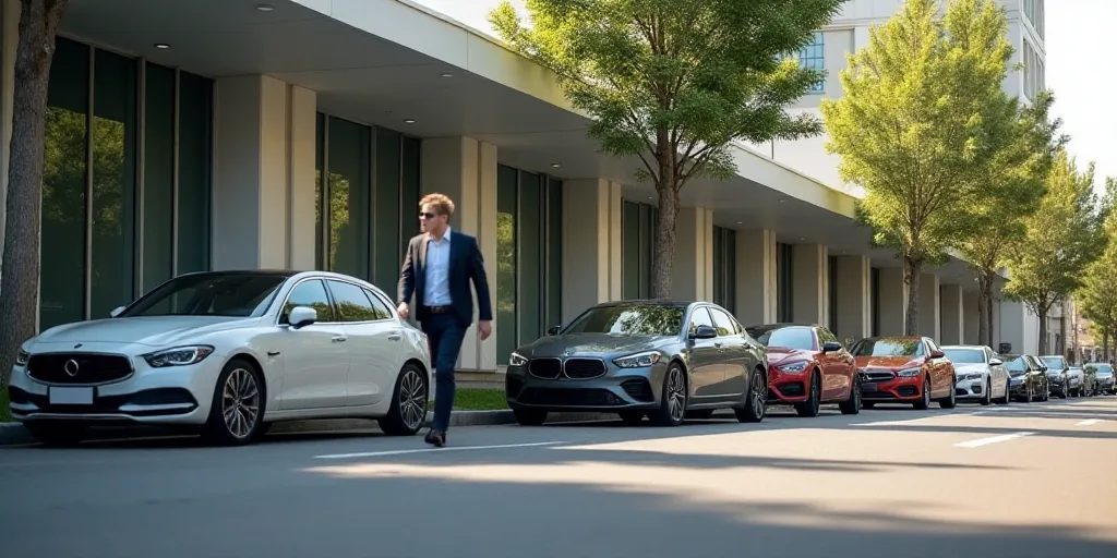 a man walking past a row of parked cars on a sidewalk in front of a building with a man walking by,
