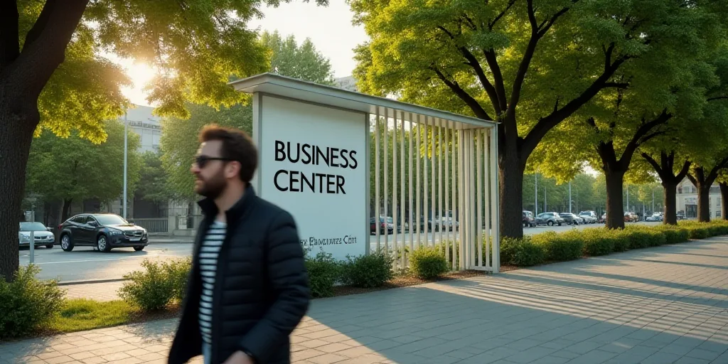 a man walking past a sign for a business center in a city area with trees in the background and a ma