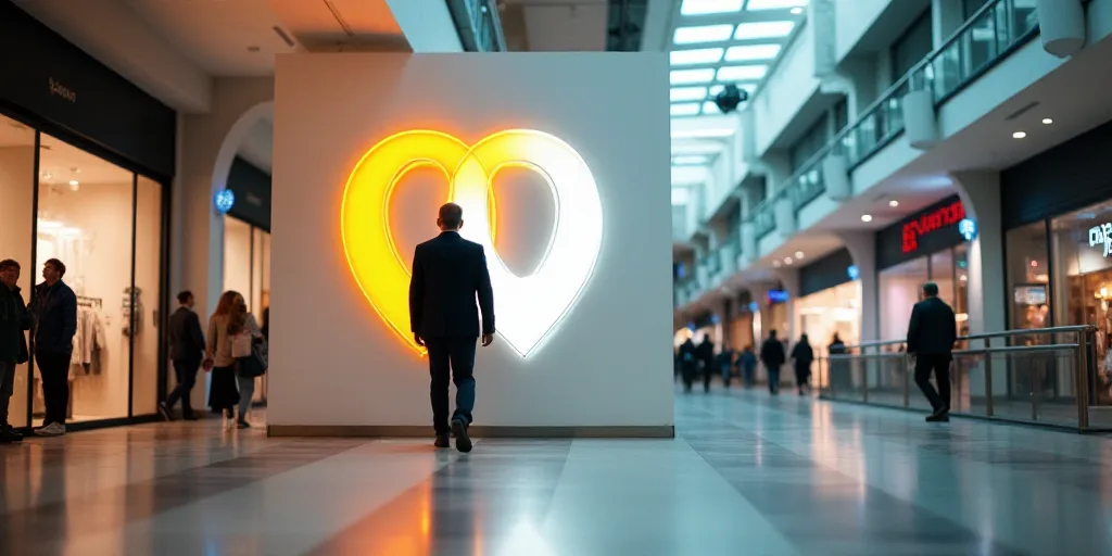 a man walking through a mall with a giant pin logo on the wall behind him and a giant pin sign above