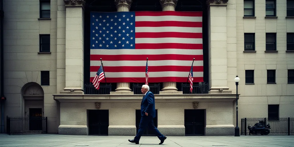 a man walks past a new york exchange building with an american flag on display in the window of the